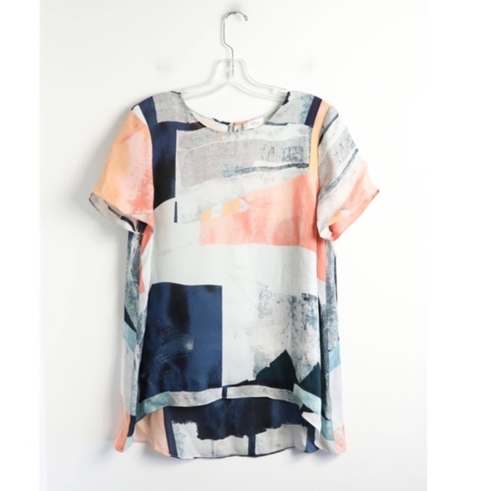 Aritzia 100% silk tunic blouse high low abstract print xs lightweight